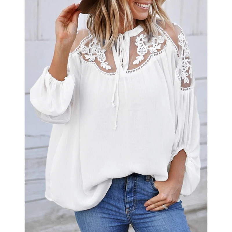 

Ladies Mesh Lace Hook Flower Lantern Sleeve Loose Chiffon Retro Blouse Women Fashion Casual Shirts