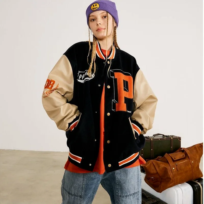 

Hip Hop Baseball Jacket Women Men Letter Print Jacket Streetwear Fashion Vintage Autumn Spring Casual Vintage PU Leather Jackets