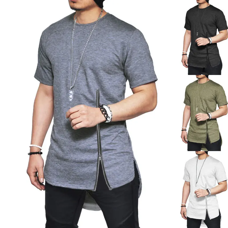 

Men's Short Sleeve Mid Zipper T shirt Hip Hop Solid Streetwear Tee Shirt Side Slit T-shirt Men Longline Swag Hem Funny Tee Tops