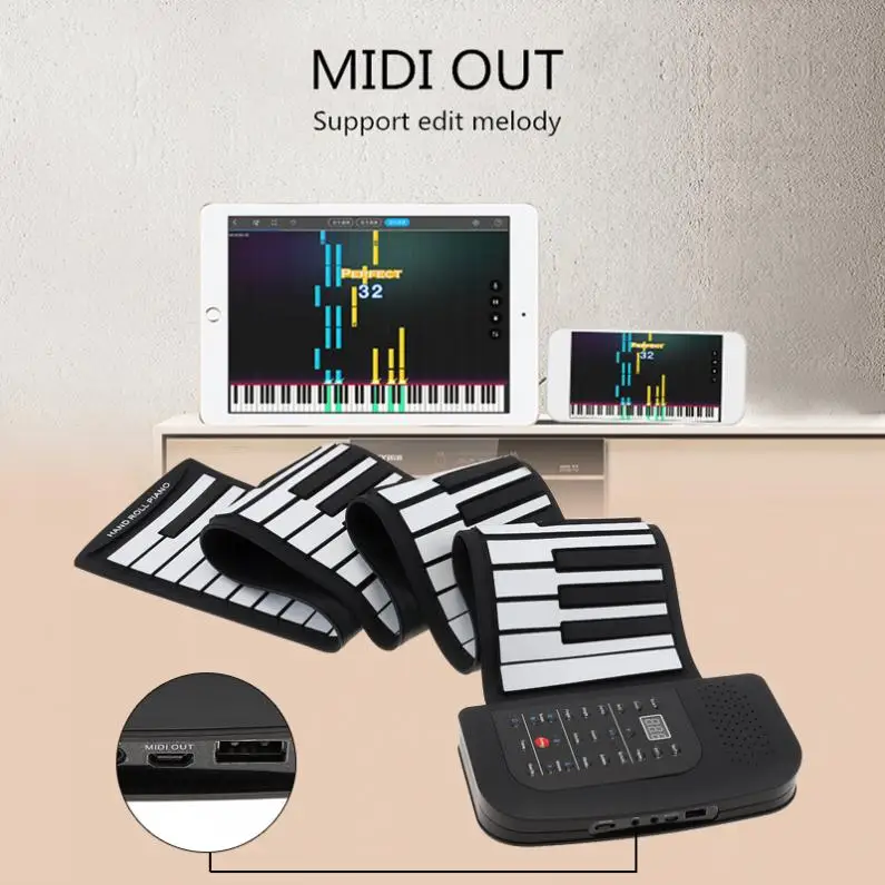 88 Key Roll Up Electronic Piano Rechargeable Silicone Flexible Keyboard Organ Built-in Speaker Support MIDI Bluetooth-compatible