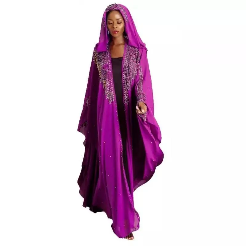 

Houseofsd Muslim Women Long Dress Full Sleeve Fashion High Quality Chiffon Diamonds Beads Free Size Abaya With Inner Jilbab