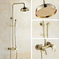 gold color brass single handle wall mounted bathroom rain shower head bath tub faucet set telephone shape hand spray mgf401