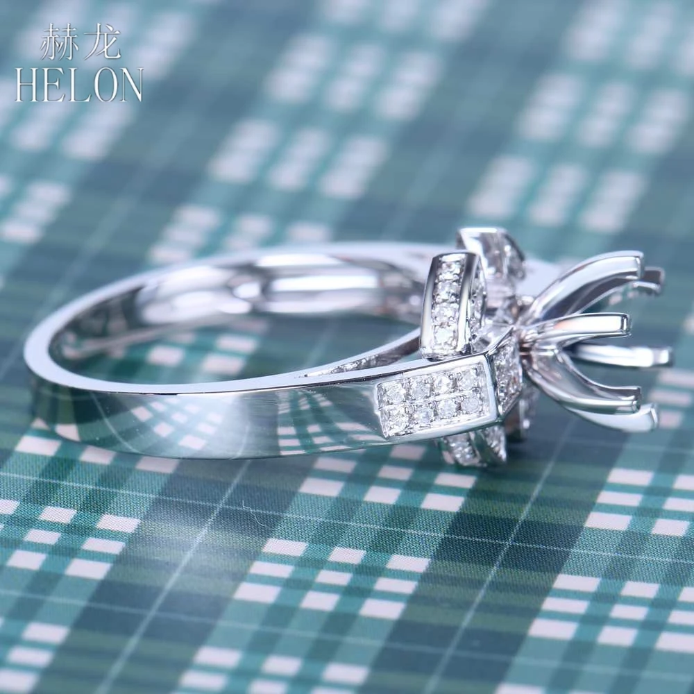 HELON 6.5mm Round Cut Solid 14K White Gold Natural Diamond Engagement Wedding Semi Mount Ring Setting 6 Prong Women Fine Jewelry