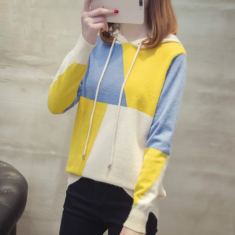 Женский Цветной свитер с капюшоном пуловер Осень-зима 2020 новый корейский