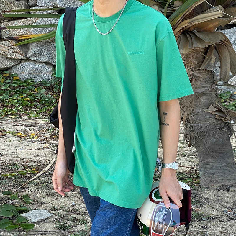 

IEFB Summer New Solid Color Short Sleeve T-shirt Men's Loose Round Neck Oversize Basic Yellow Cusual Tee Tops 2021 New 9Y7424