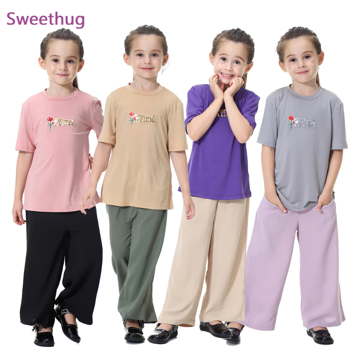 

2 pieces Set muslim kids Clothes T-shirts and wide-leg pants girls suits Robes dubai moroccan Arabic Kaftan ramadan Suits 2021