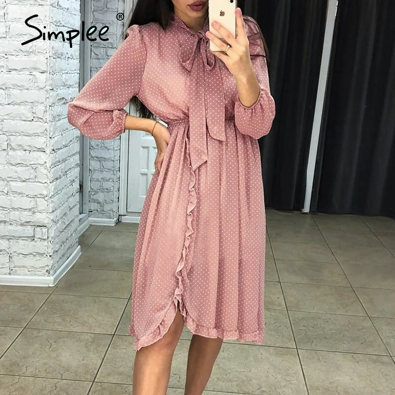 Женское платье миди в горошек с бантом асимметричное праздничное длинным