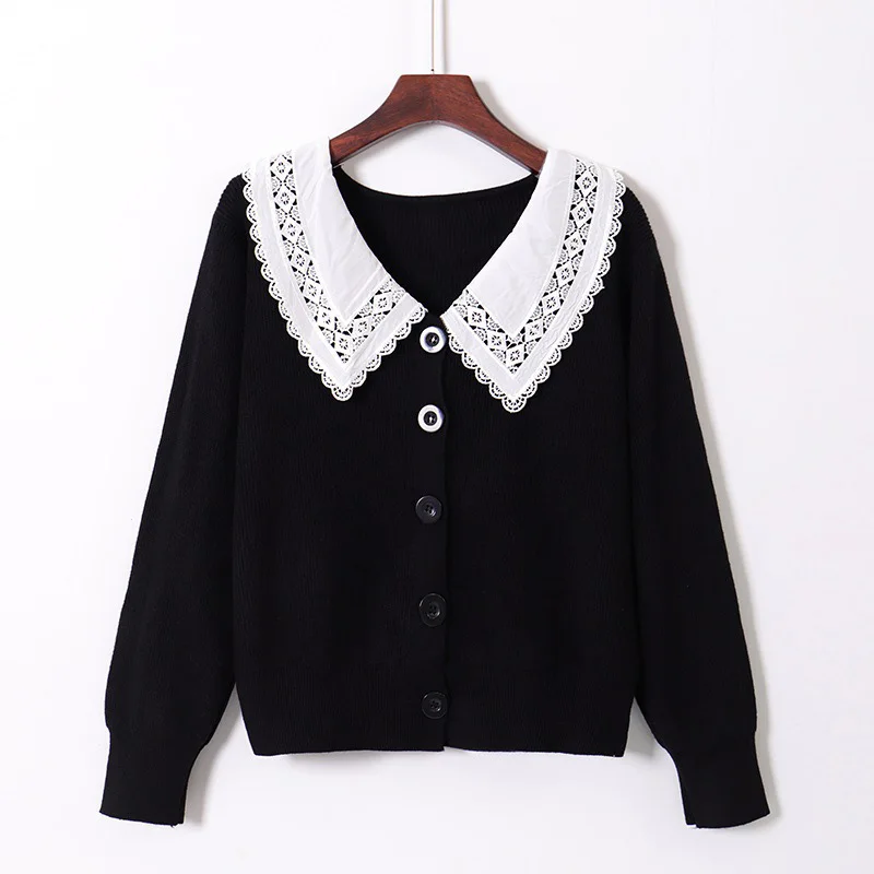 

Fashionable 2020 Autumn New Temperament Stitching Lace Doll Collar Sweater Women's Oversized Long Sleeved Bottoming Knitted Top