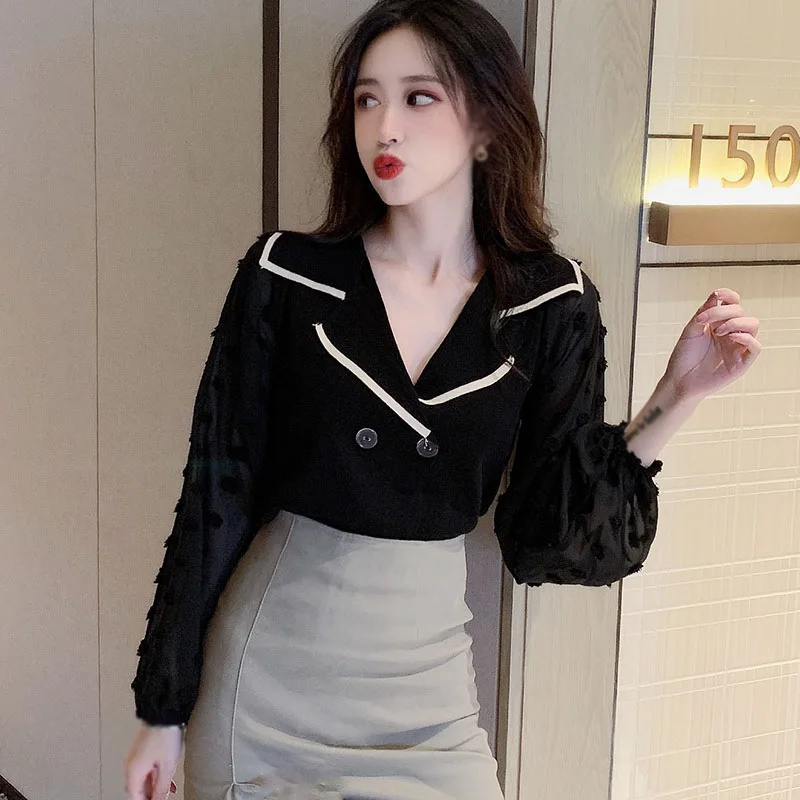 Женская рубашка Элегантная черная блузка во французском стиле топ с V-образным