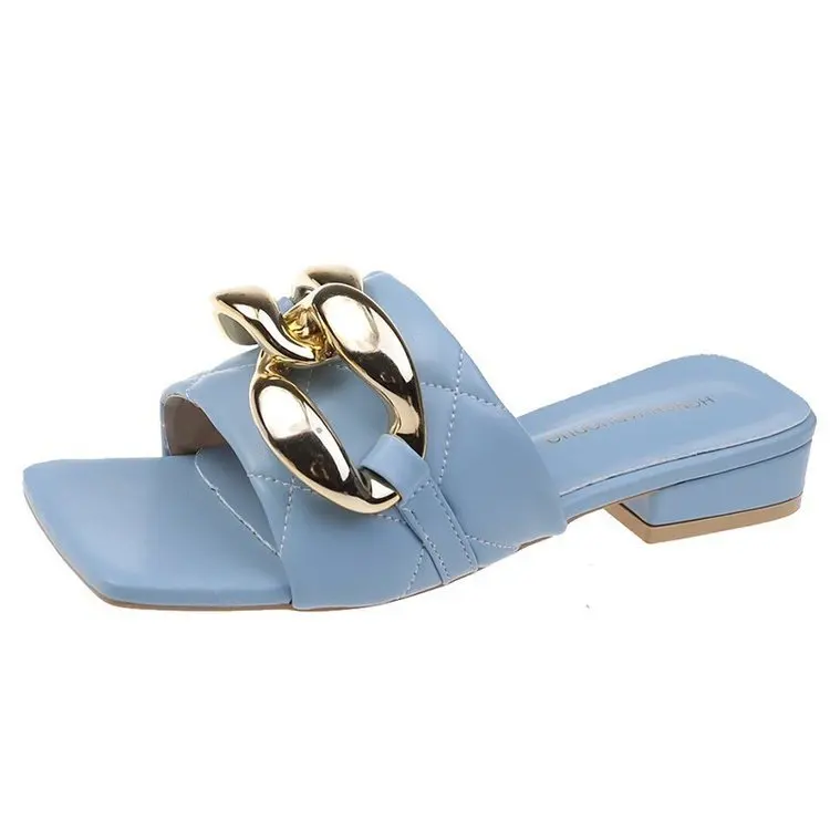 

Low Shoes Slippers Casual Square heel Slipers Women Slides Rivet Luxury Flat Block 2021 Summer Hoof Heels Fabric Rubber Fashion