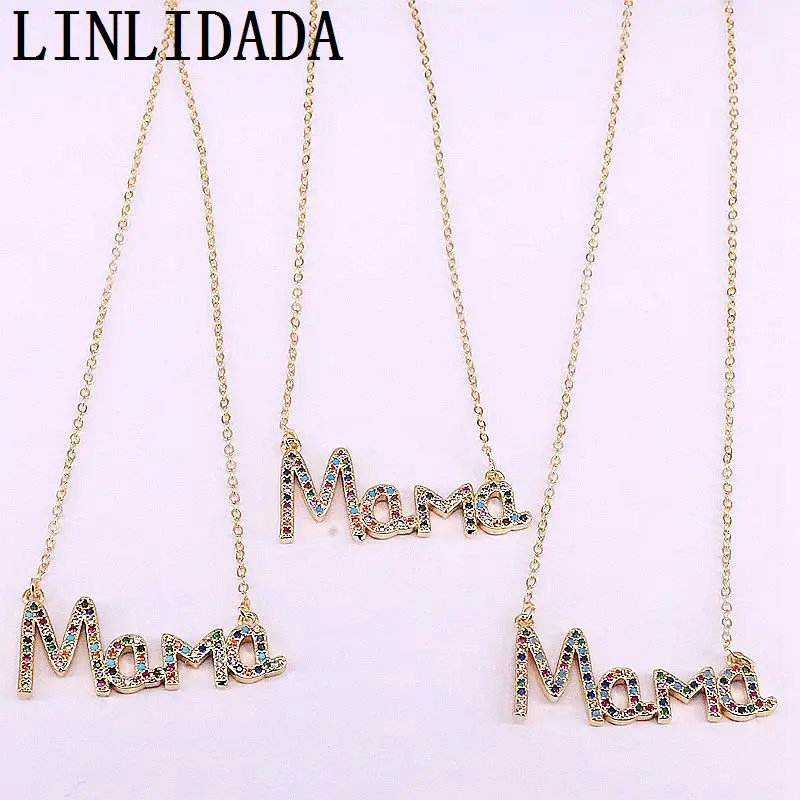 

8Pcs Rainbow cubic zirconia paved Mama pendant Necklace ,Charm delicate fashion Jewelry Mother's Day gift