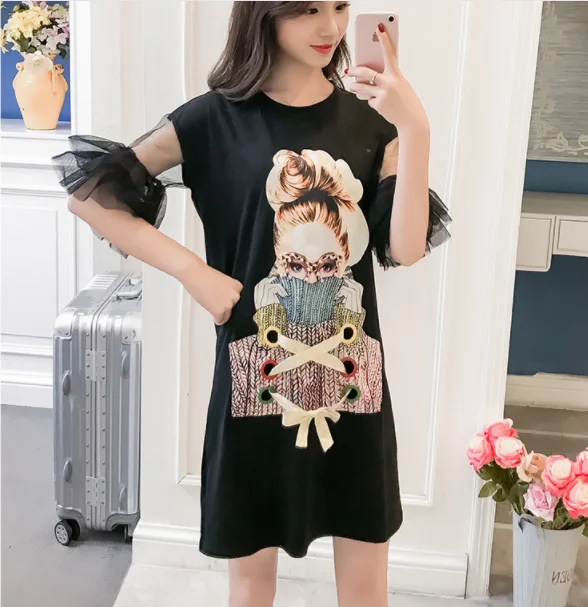 

Runway Long TShirt Dress Short Flare Sleeve Casual Cartoon Girl Print Women T Shirts Femme Tops Oversize Black T-Shirt XL-4XL