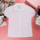 Летняя Весенняя кружевная хлопковая детская блузка для девочек, белые рубашки с короткими пышными рукавами для детей, школьная форма для девочек, блузка