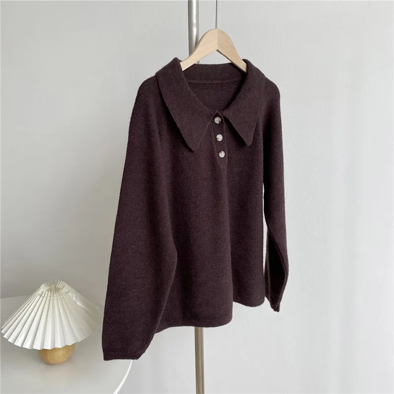 

2020 Women Autumn Winter New Lapel Pullover Sweater Fashionable Solid Color Oversize Lazy Wind Design Sense Outer Wear Knit Top