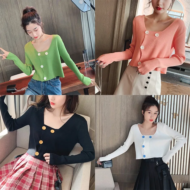 

Youth Fashion Girl Wind Square Collar Single Breasted Loose Joker Short Knit Cardigan One Size Solid Color