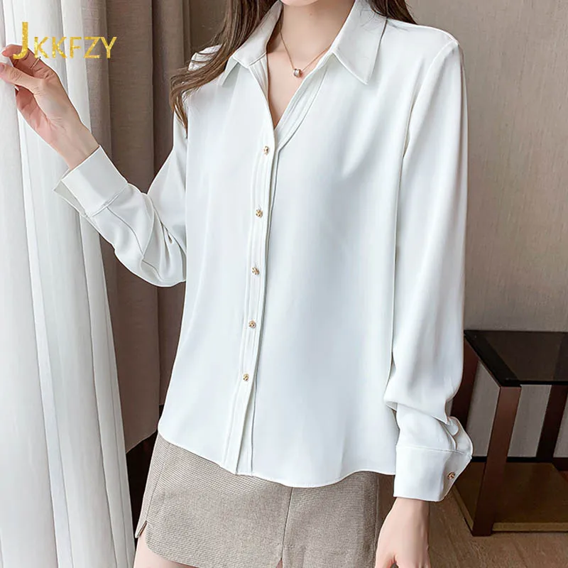 

Long Sleeve Retro Metal Button Design Chic White Shirt Woman Summer Casual Loose Oversize Female Fashion Plus Size Top Blouse