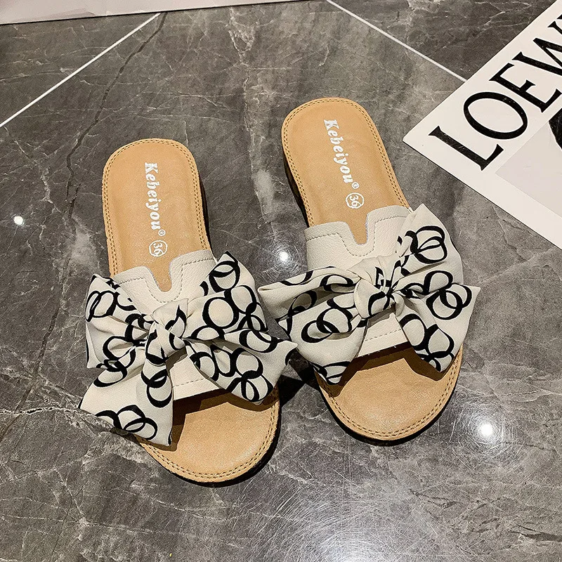 

Leather Slippers Women's Summer Flip-flops Wear 2021 New Bow Tie Cow Tendon Non-slip Slippers Leisure Beach Sandals Slippers
