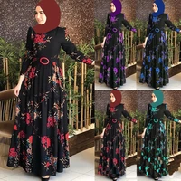 women muslim dresses floral print crew neck long ankle legth prom dress with belt