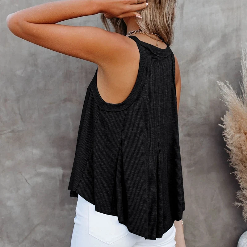 Ladies V-Neck Vest Irregular Multi-Hem Sleeveless Cotton Top Black | Женская одежда