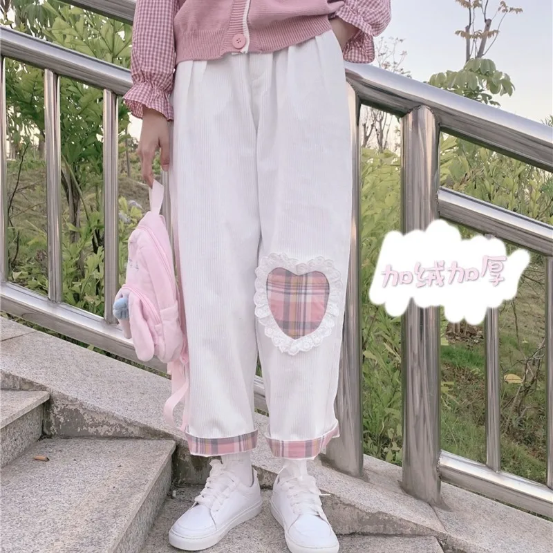

Love Heart Patch Loose Students Pants Japanese Harajuku Wild Cute Soft Sister Casual Corduroy Kawaii Straight Pants Teen Girls