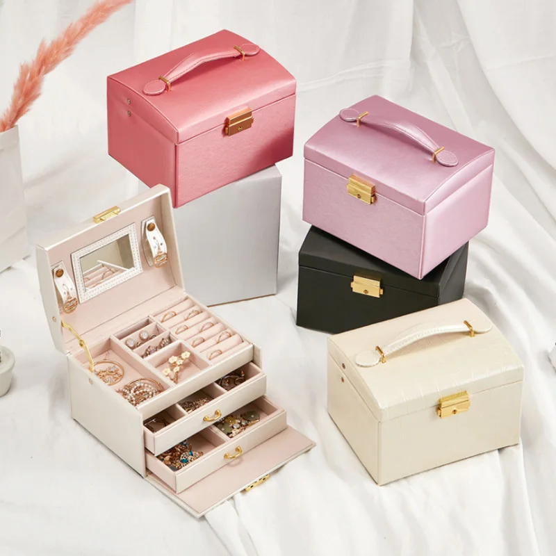 PU Leather Multi layer Jewelry Box Drawer Girls Earrings Necklace With Mirror Lock Storage Organizer Case Accessories Supplies|Органайзеры