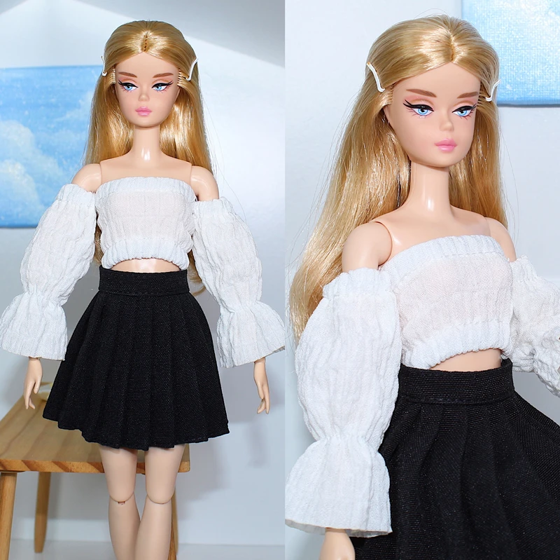 

1/6 BJD Clothes for Barbie Doll Outfits White Puff Sleeve Shirt Crop Top Pleated Skirt 11.5" Dolls Accessories Kids DIY Toy Gift