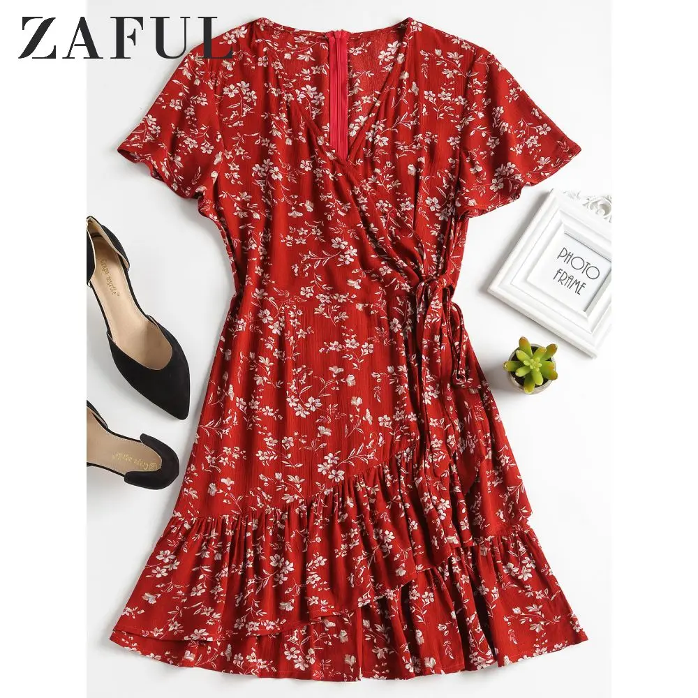 ZAFUL платье с оборками Цветочные принт Женское Платья Пляж Лето V образным вырезом