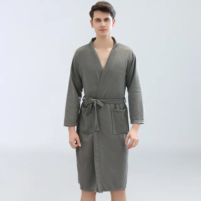 men gray Вафельное кимоно для влюбленных, хлопковый Халат для женщин и мужчин, длиной до колена, полотенце, отсасывающее пот, Летний Тонкий купальный халат, Femme, халат для подружки невесты - Цвет: men gray