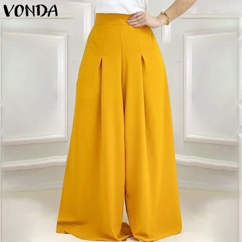 

Women Pants 2021 VONDA Spring High Waist Zipper Long Trousers Casual Pantalon Femme Lady's Solid Color Wide Leg Pants