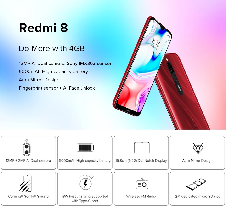 Смартфон Xiaomi Redmi 8 с глобальной версией, 4 ГБ, 64 ГБ, Восьмиядерный процессор Snapdragon 439, 5000 мАч, 6,22 дюйма, 12 Мп+ 2 МП, 18 Вт, быстрая зарядка, мобильный телефон