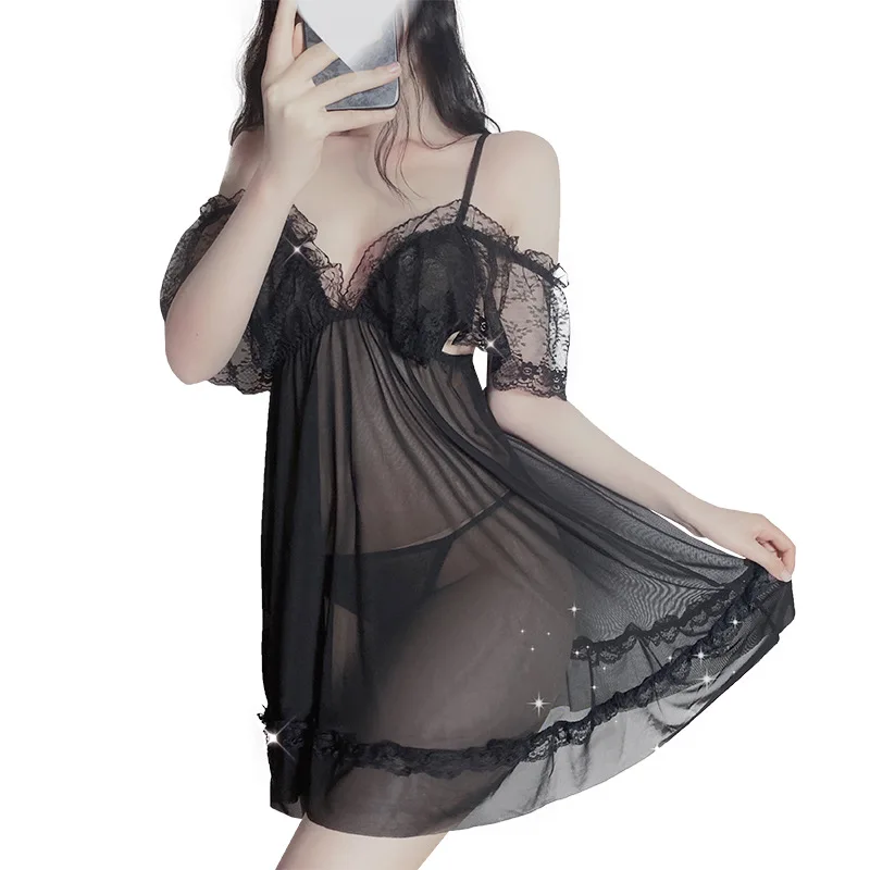 

HYRAX Sling Pajamas Women Summer Sexy Palace Style Nightdress Lace Thin Home Service Robe Sets