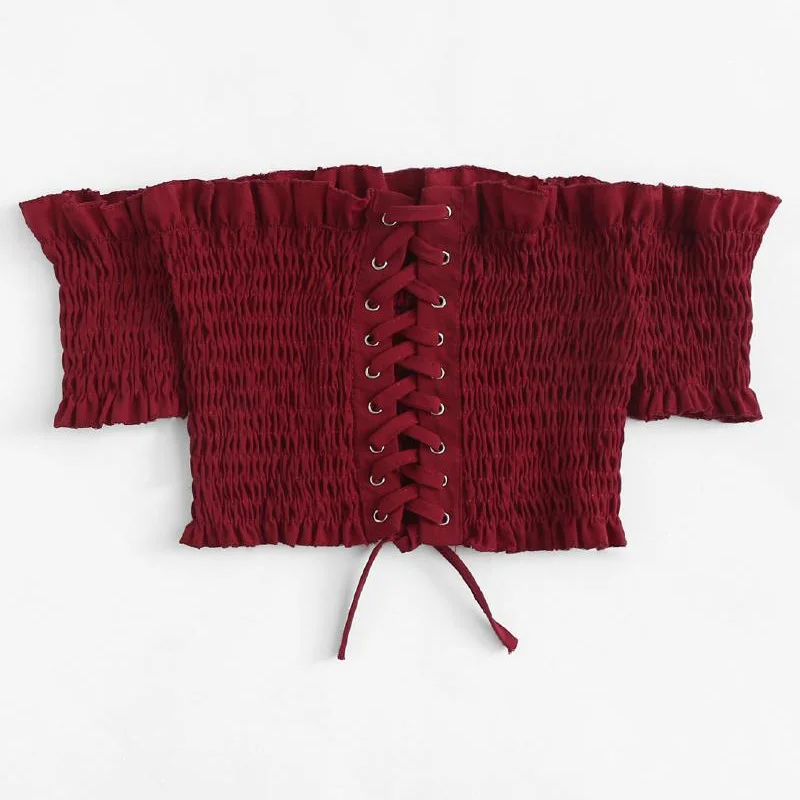 Сексуальный женский топ с открытыми плечами короткий рукав на шнуровке