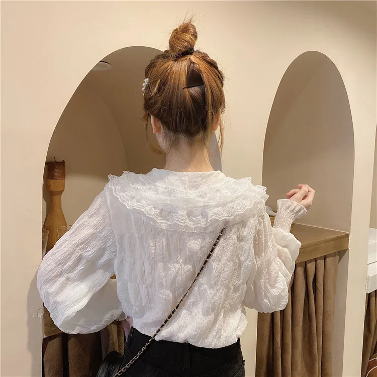 

Retro Fairy Shirts Ladies Sweet Ruffles Long Puff Sleeve Blouse and Tops Women 2021 Spring Korean Style Elegant Shirt Female