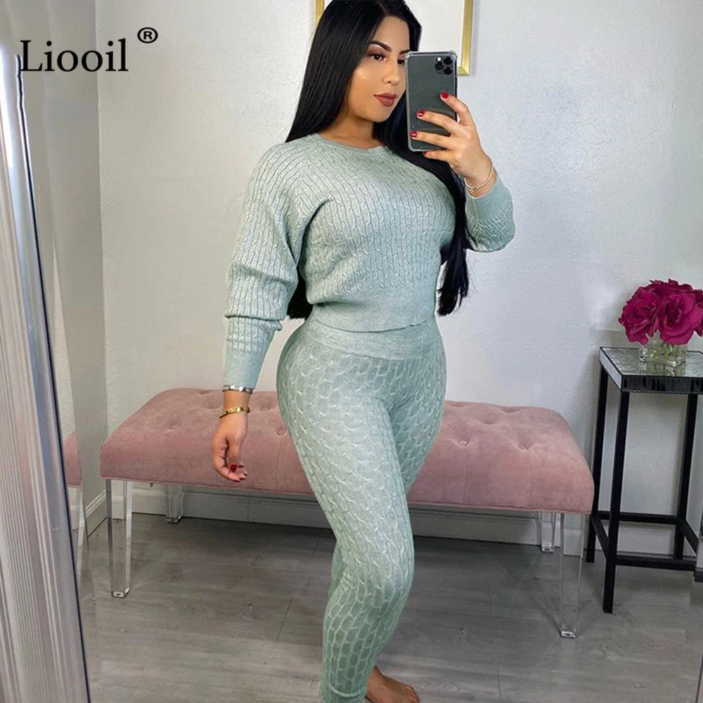 Liooil, вязаный комплект из двух предметов, свитер, топ и штаны, с длинным рукавом, с круглым вырезом, облегающие, вечерние, для ночного клуба, наряды для женщин, подходящие комплекты
