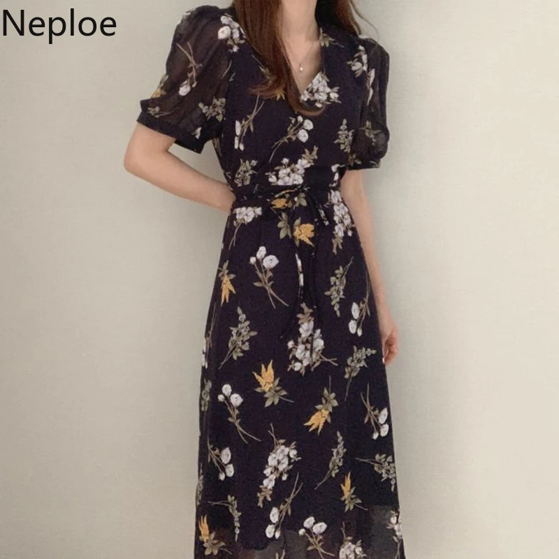 Neploe Flower Lace Up Print Dress Women Summer 2020 Elegant V Neck Puff Sleeve Ladies Vestido Fashion Slim Waist Chiffon Dresses | Женская