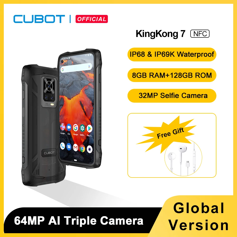 Cubot KingKong 7, IP68 водонепроницаемый смартфон, 8ГБ ОЗУ, 128ГБ ПЗУ (расширенна 256 ГБ), тройная камера 64МП, Селфи камера 32МП, экран FHD + 6,36 дюйма, 5000мАч, NFC, ...