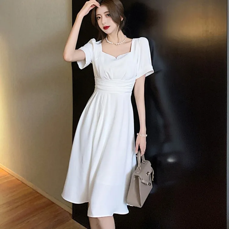 

French Retro Temperament White Square Collar Party Dress 2021 Summer Elegant Puff Sleeve Female High Waist Slim A-Line Dresses