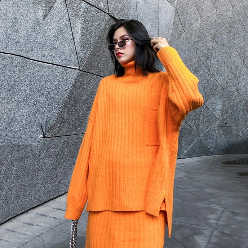 [EAM] Half-body Skirt Knittng Big Size Two Pieces Suit New Turtleneck Long Sleeve Loose Women Fashion Spring Autumn 1K341