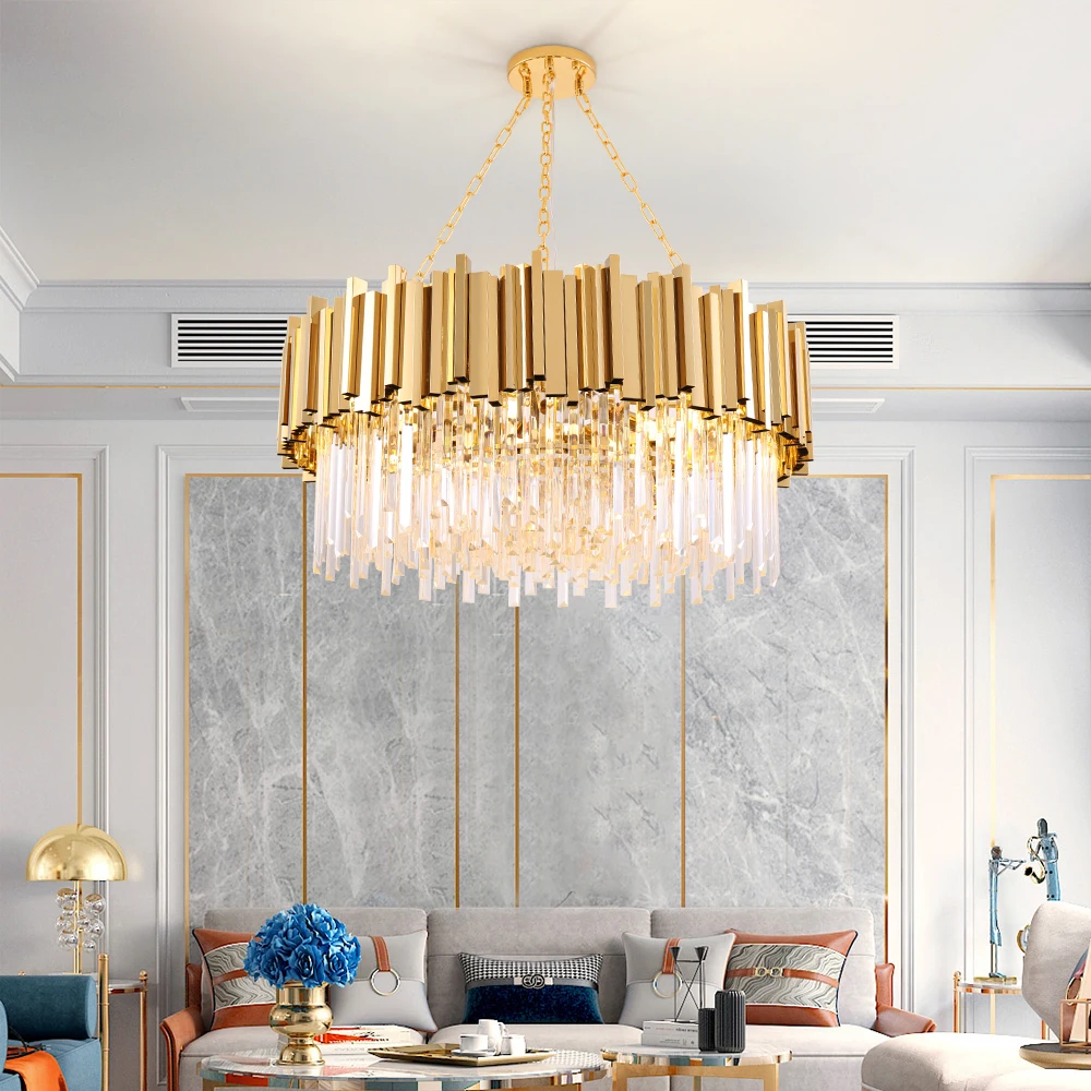 Candelabro de cristal cromado para sala de estar, lámpara de cristal de cadena de decoración para el hogar, accesorio de iluminación led grande y moderno de acero inoxidable