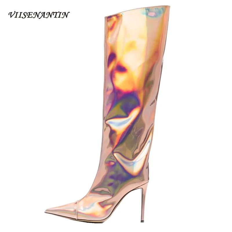 

Patent Leather Pointed Toe Stiletto Sexy Nightclub Party Knight Boots 2021 Designer Catwalk Zipper High-tube Plus Size Boots