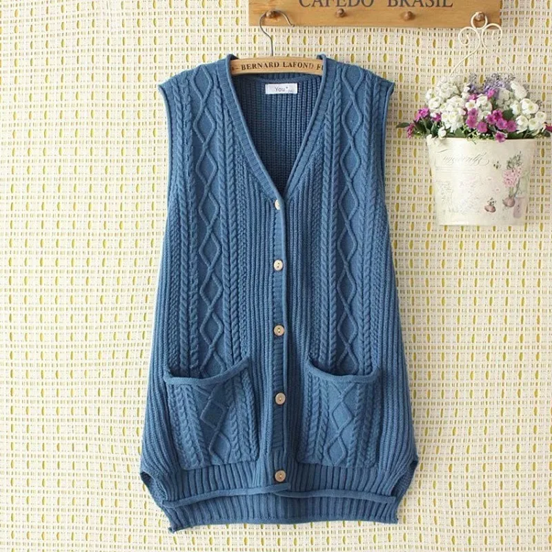 

Women Autumn Cardigans Sweater Simple Vintage Sleeveless Solid Color Pockets Single Breasted Oversized Twist Knitted Vest Tops