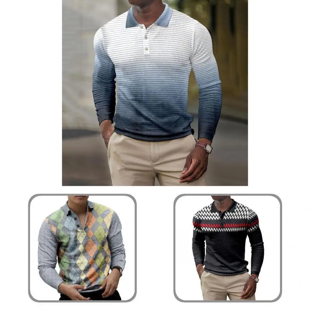 

Classic Autumn T-shirt Ethnic Style Slim Fit Geometry Striped Print Buttons Neck Pullover Top Men Top Business Shirt