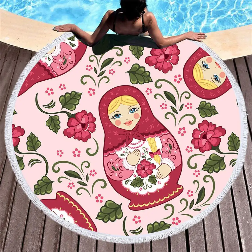 Dropshipping Baby doll Yoga Mat Matryoshka Round Beach Towel Adults Boys With Tassel Summer Bath Printed Microfiber 150cm |