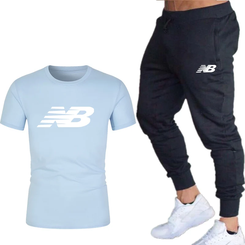 

2021 New Cotton Letter NB Printed T-shirt Men's Casual Fashion Loose Breathable + Two-piece Sports Pants