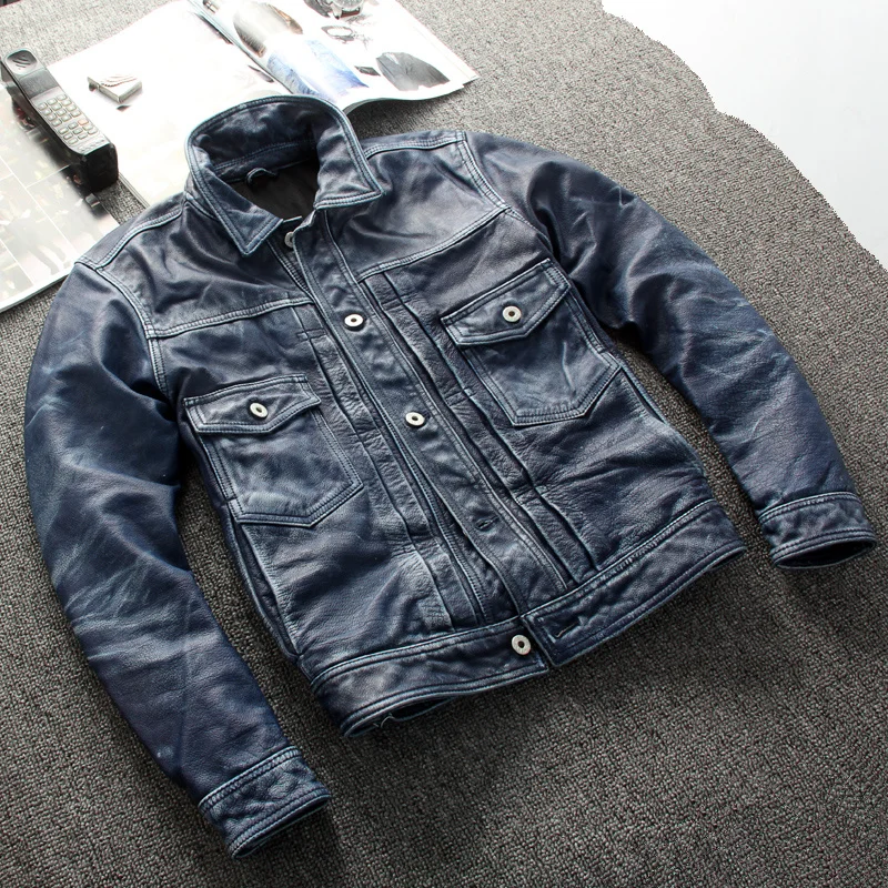 

2021 Vintage Blue Japan Casual Style Genuine Leather Jacket Men Large Size 3XL Real Natural Cowhide Spring Slim Fit Short Coat