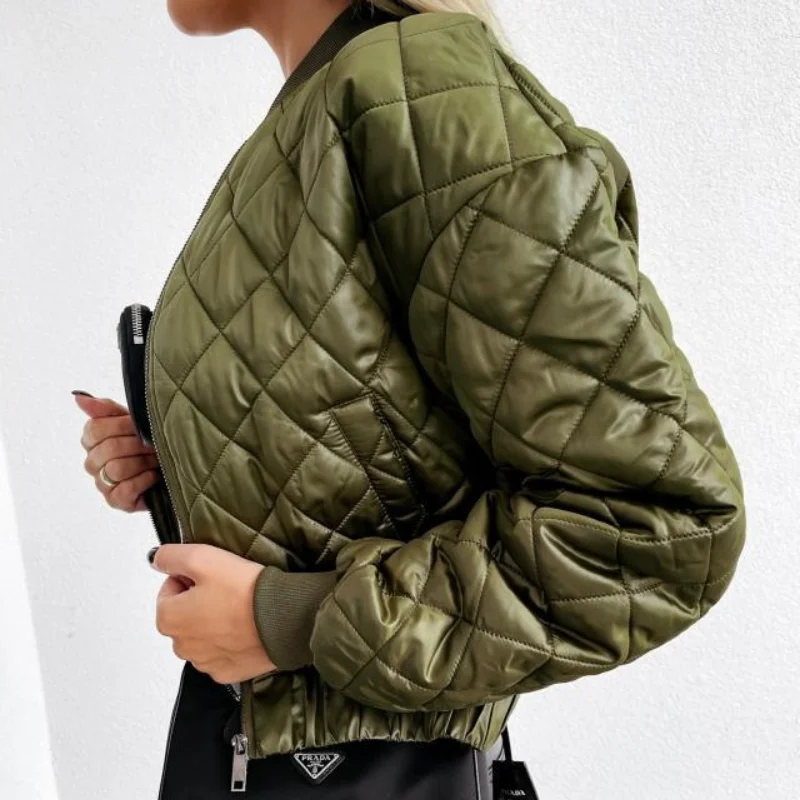 Women Short Zipper Cotton Jacket Stand Collar Argyle Slim Parka 2021 Autumn Winter Solid Long Sleeve Warm Coat  Fashion Jacket