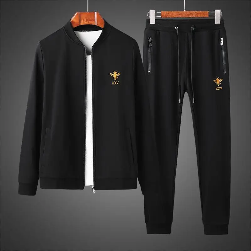 

Spring and autumn leisure sports long-sleeved suit embroidered bee European station baseball collar sweater and pants two-piece