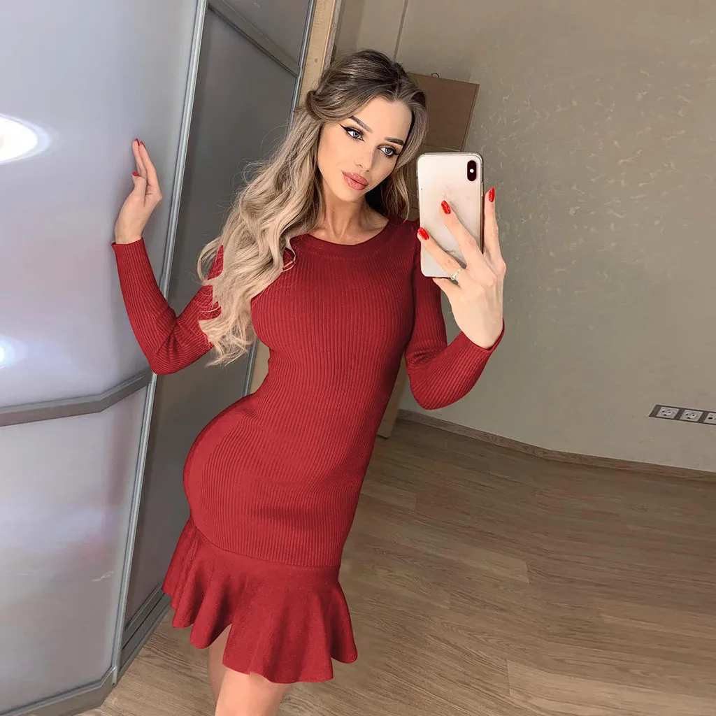 Облегающее мини платье с длинными рукавами женские осенние сексуальные платья в