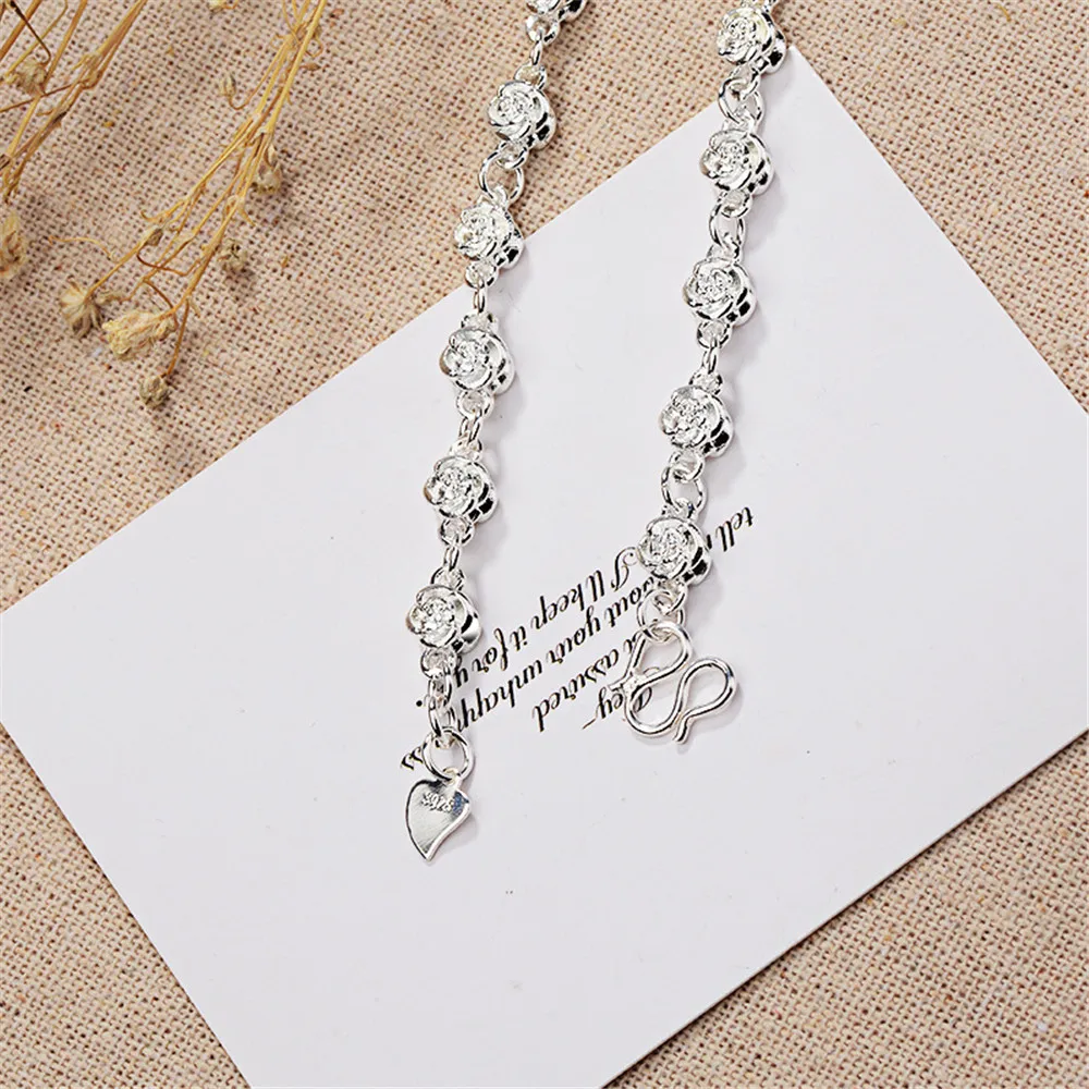 

Rose beads chain bracelets for women white gold silver color fashion carving jewelry bijoux link bangle birthday gifts femme