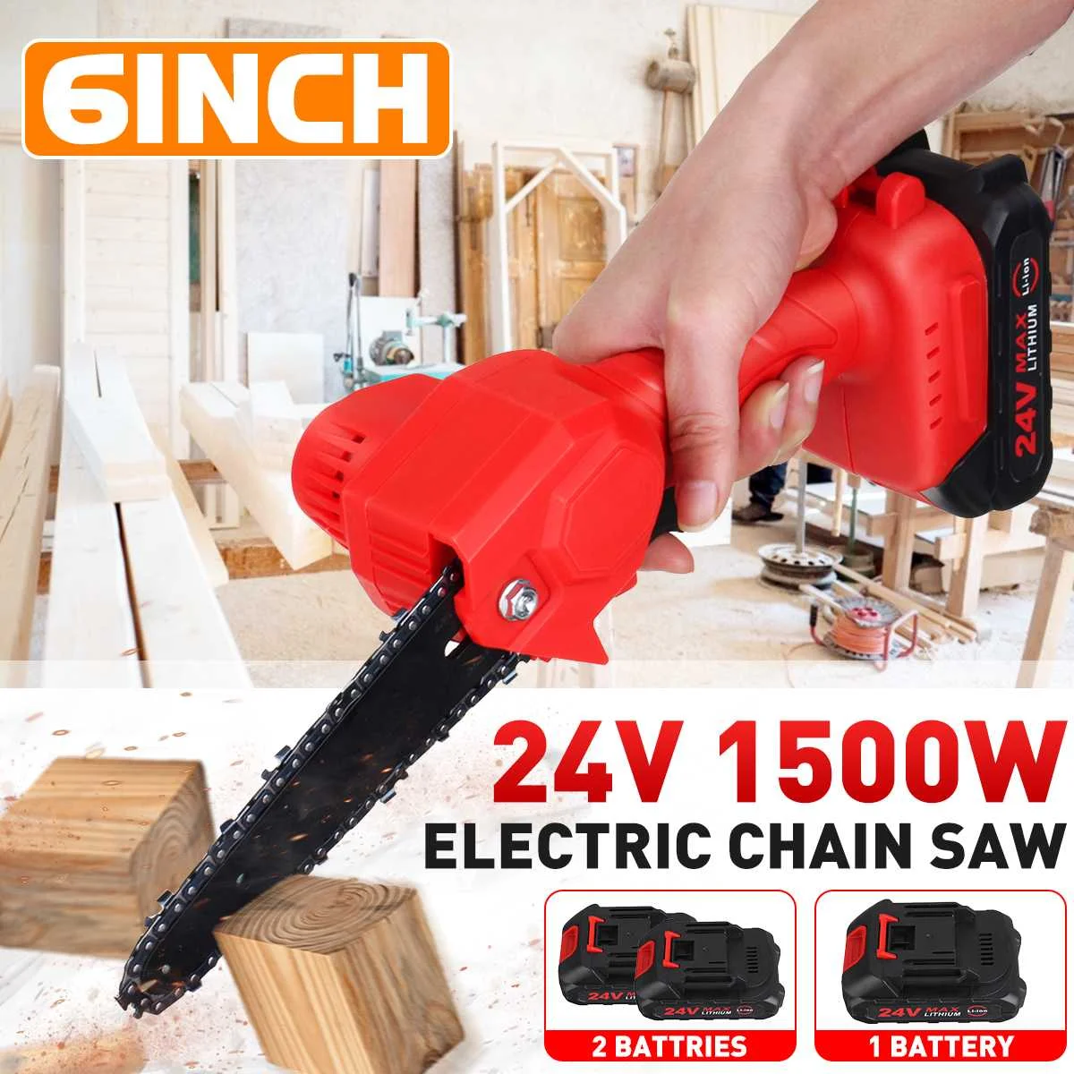 

24V 1280W 6 Inch Mini Electric Chain Saw Portable Electric Pruning Saw Woodworking Cutter Cordless Tool Garden 2Pcs Battery